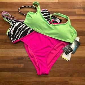 California Waves 3 piece bikini set pink/green/animal print medium